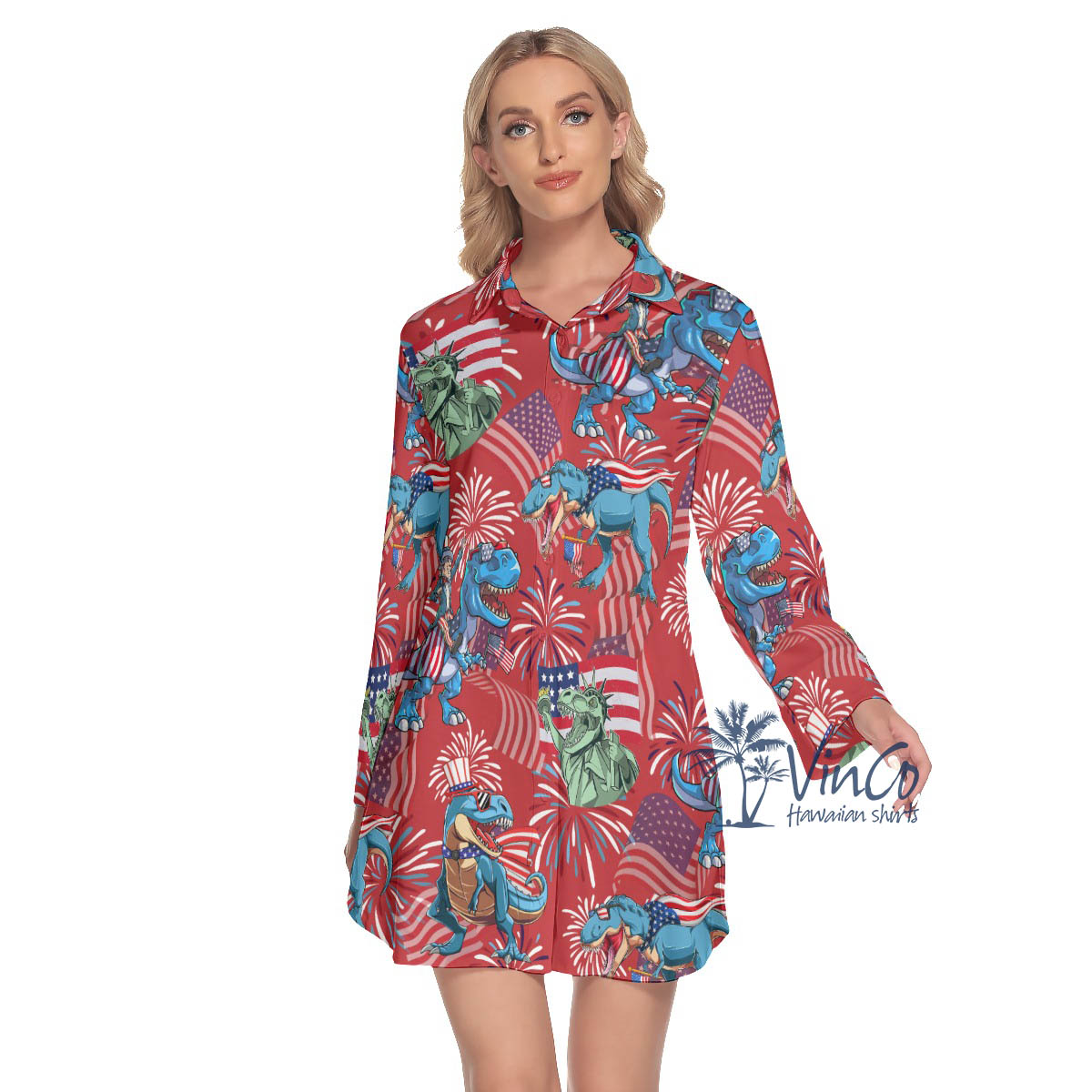 American Flag Dinosaur Red Hawaiian Shirt Dress With Long Sleeve For Women - variant image 1