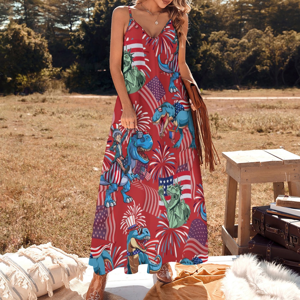 4th Of July Dinosaur Red Hawaiian Sling Ankle Long Dress - variant image 1