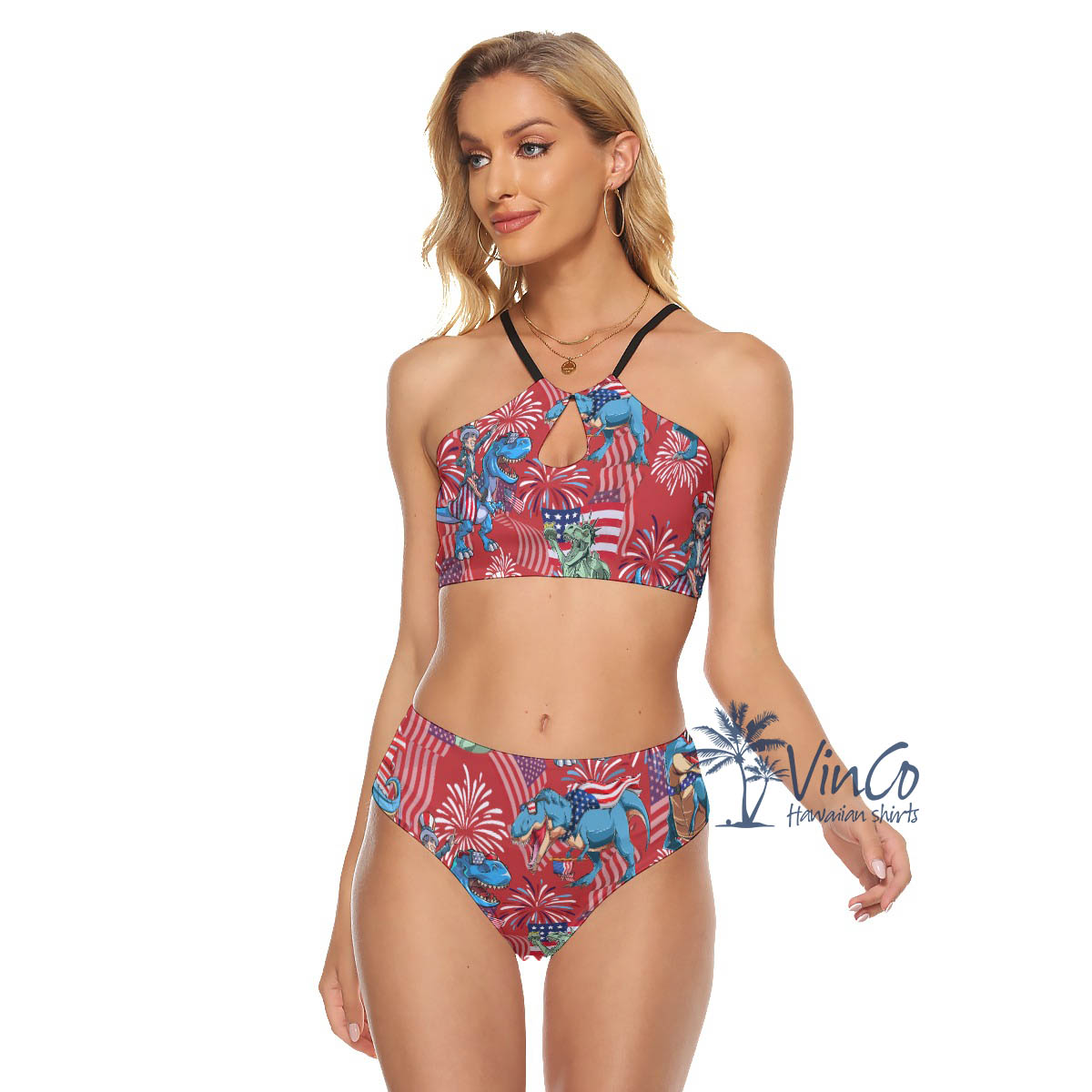 Funny Amerisaurus Rex Red Hawaiian Cami Keyhole Swimsuit For Summer - variant image 1