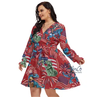 Funny Dinosaur American Flag Red Hawaiian Plus Size Dress