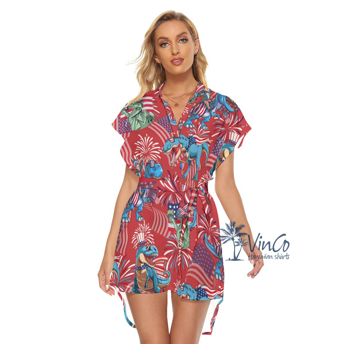 Funny Dinosaur 4th Of July Summer Hawaiian Dresses With Belt - variant image 1