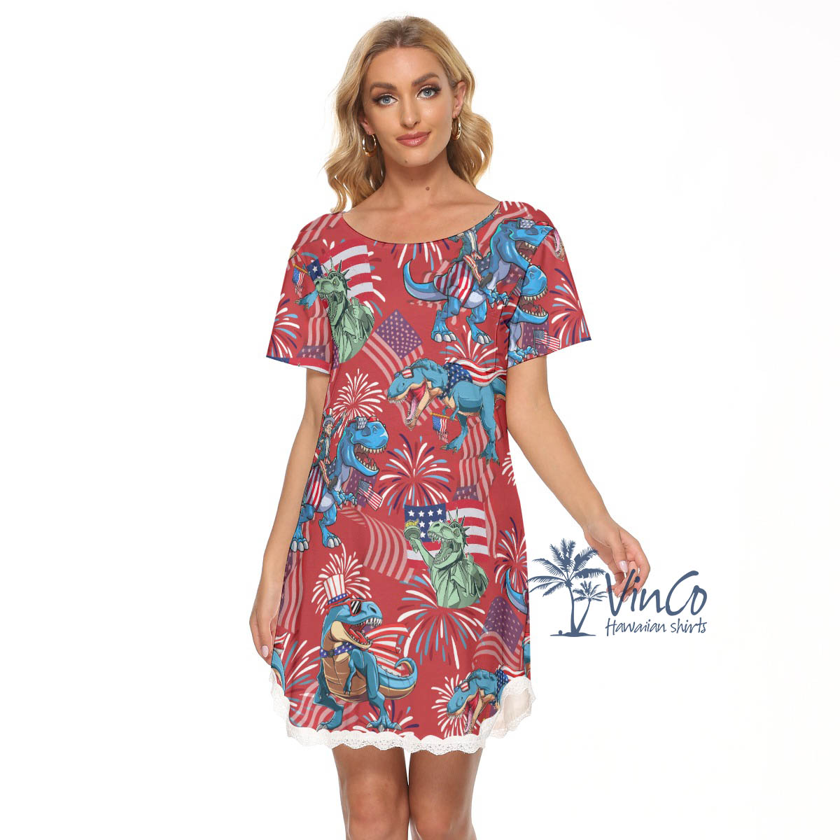 Dinosaur American Flag Women's Red Hawaiian Dresses - variant image 1