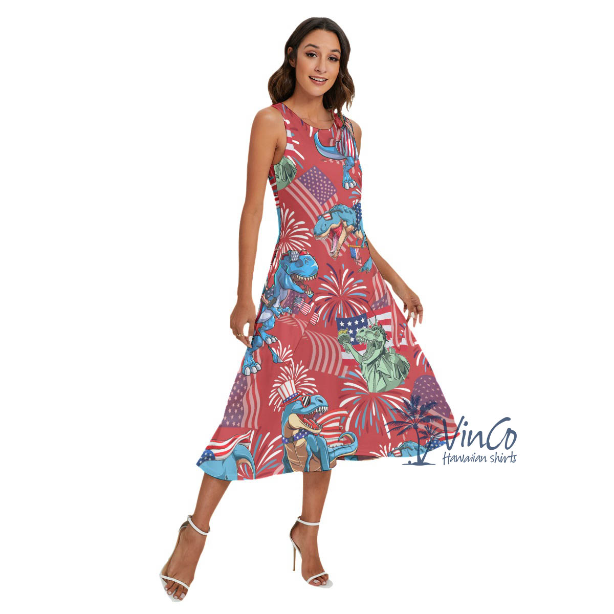 American Flag Dinosaur Red Luau Dress - variant image 1