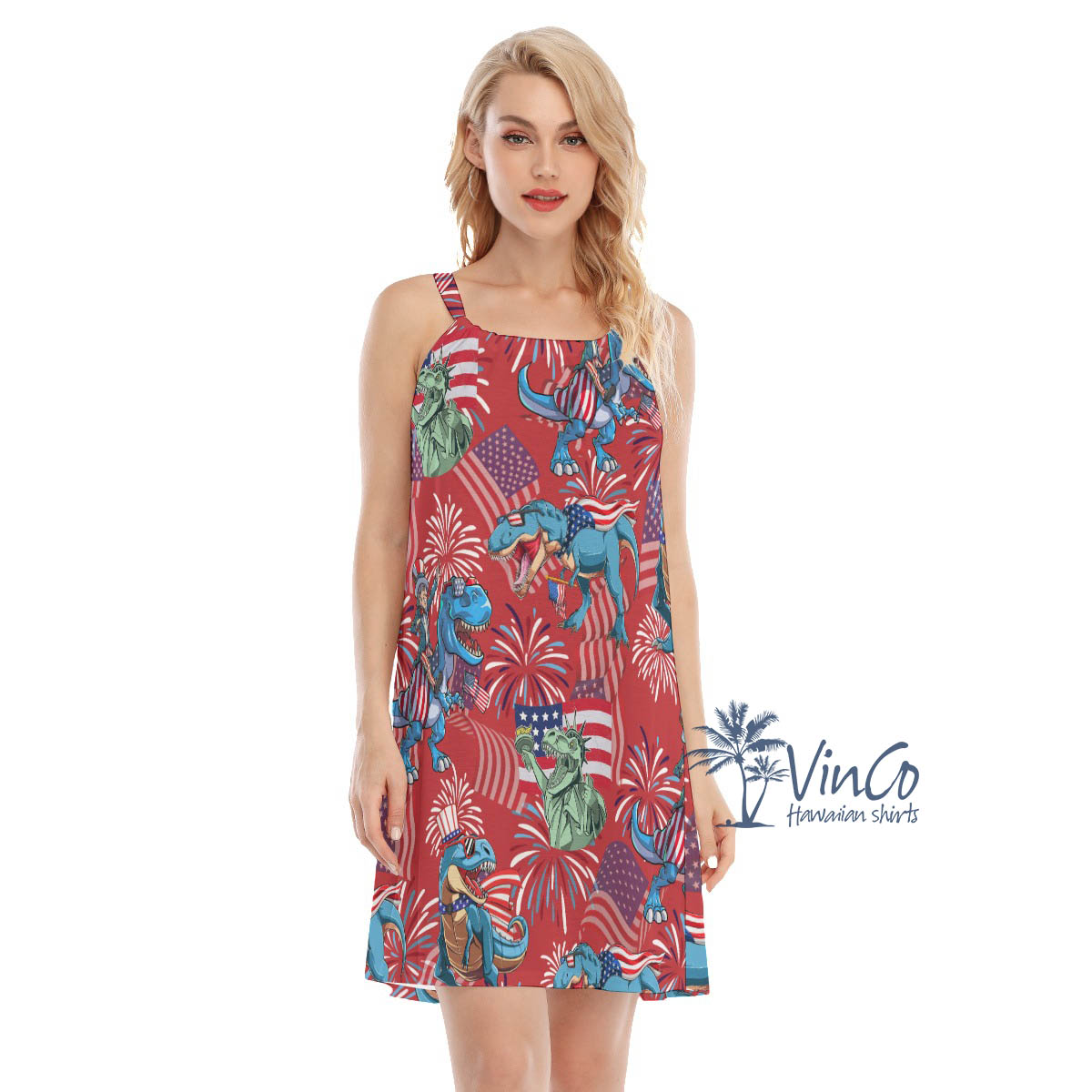 American Flag Firework Dinosaur Red Hawaiian Dresses For Women - variant image 1