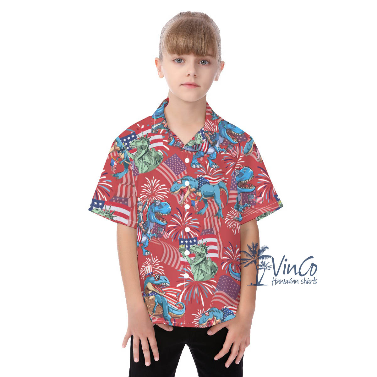 Cute Dinosaur Patriotic Red Aloha Shirt For Kids - variant image 1