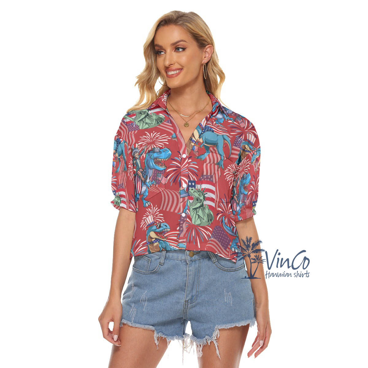 Funny Amerisaurus Rex Red Hawaiian Cropped Shirt For Women - variant image 1