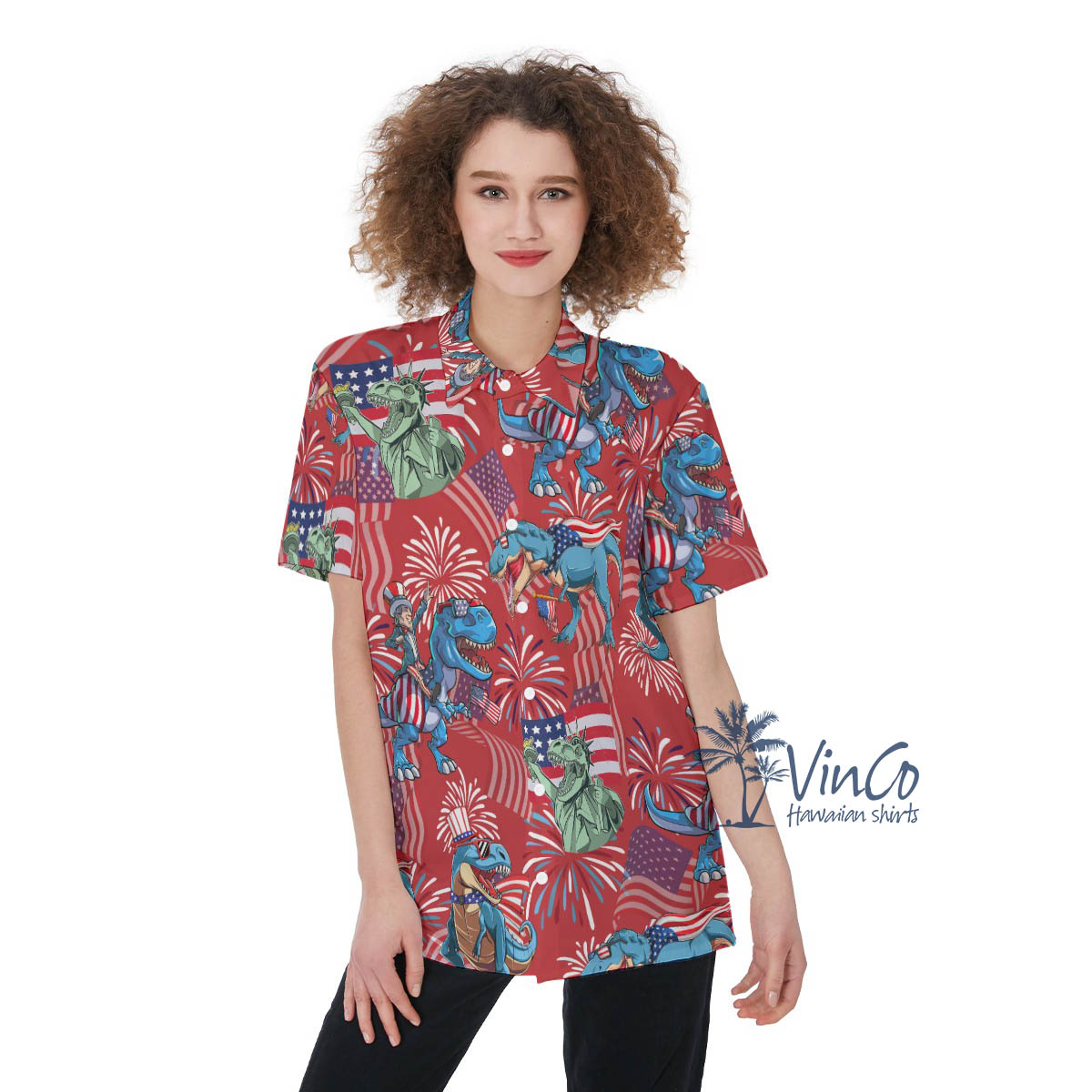 American Flag Dinosaur 4th Of July Hawaiian Shirts For Women - variant image 1