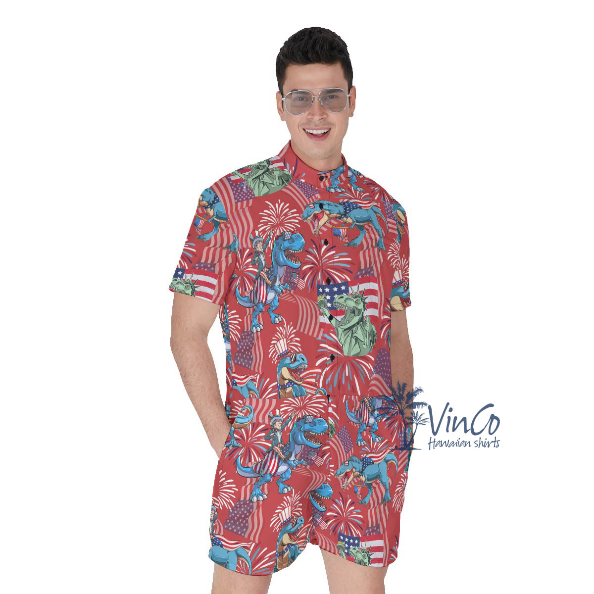 Funny Dinosaur Patriotic Men's Hawaiian Romper - variant image 1