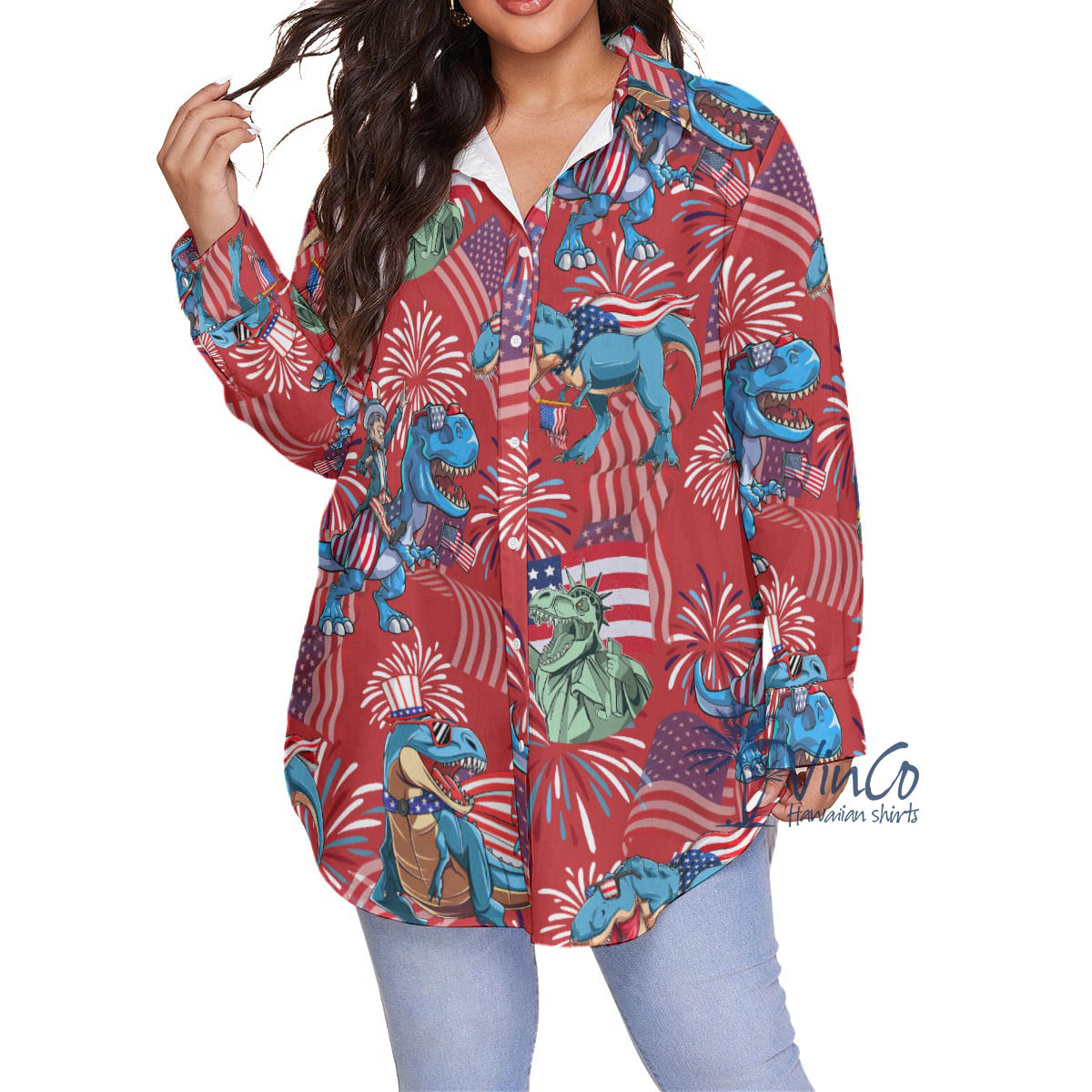 Funny Dinosaur American Flag Hawaiian Plus Size Shirt For Women - variant image 1