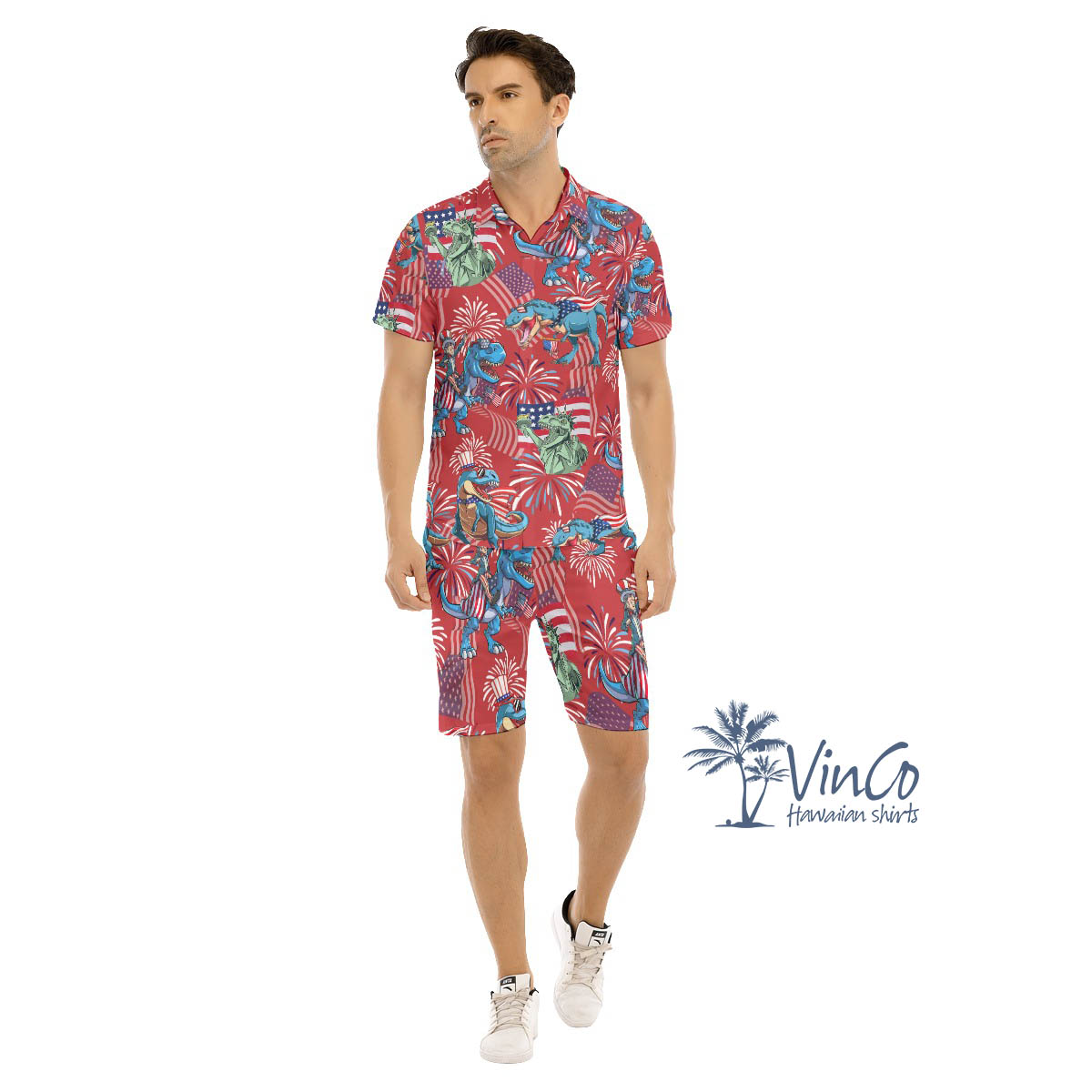 Set Patriotic Dinosaur Red Hawaiian Shirt And Matching Shorts For Men - variant image 1