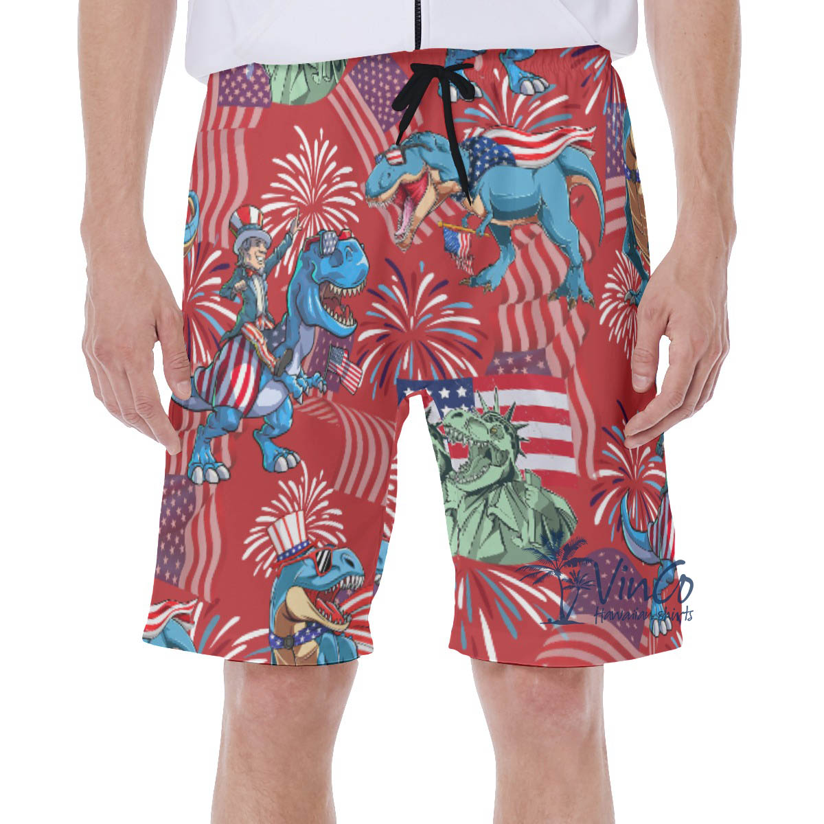 4th Of July American Flag Dinosaur Red Hawaiian Swim Trunks For Men - variant image 1