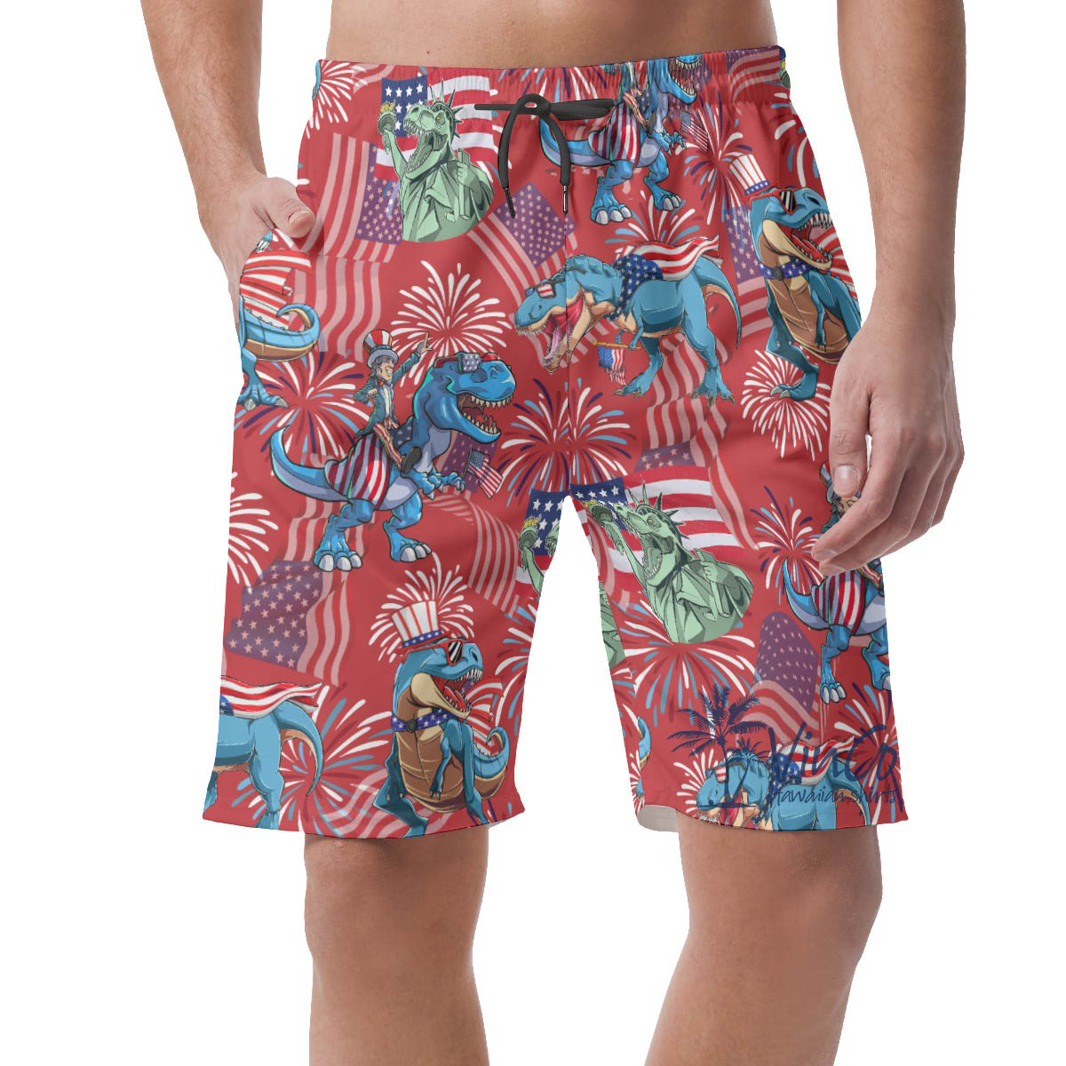 Funny American Flag Dinosaur Patriotic Men's Hawaiian Beach Shorts - variant image 1