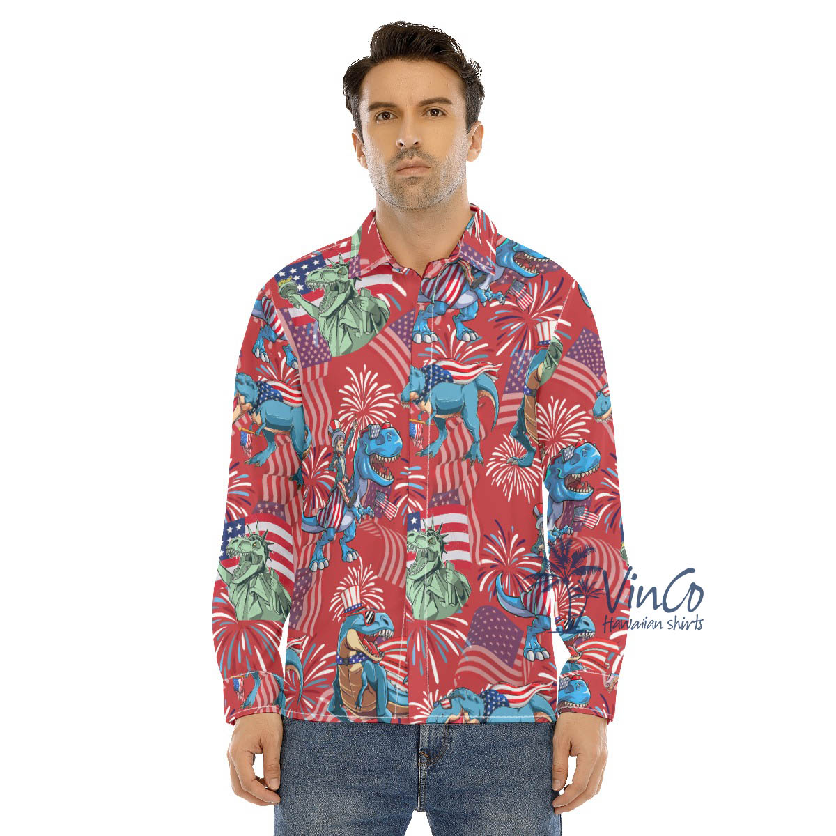 Funny Amerisaurus Rex 4th Of July Red Hawaiian Long Sleeve Shirt For Men - variant image 1