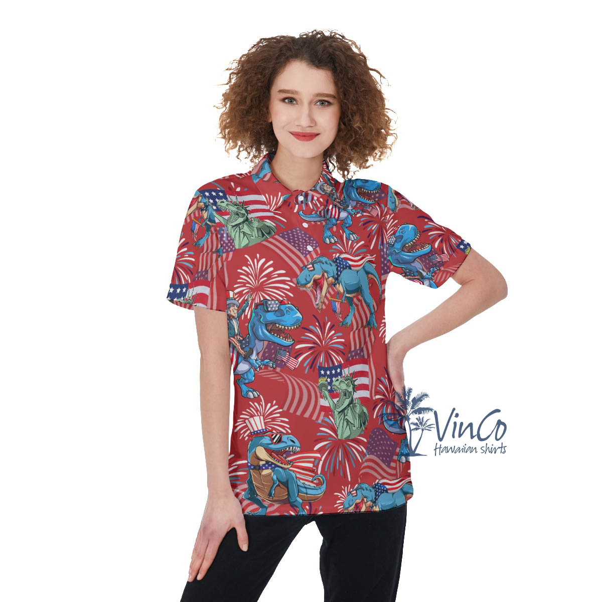 Firework American Flag Dinosaur Red Hawaiian Golf Shirt For Women - variant image 1