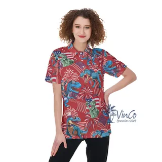 Firework American Flag Dinosaur Red Hawaiian Golf Shirt For Women