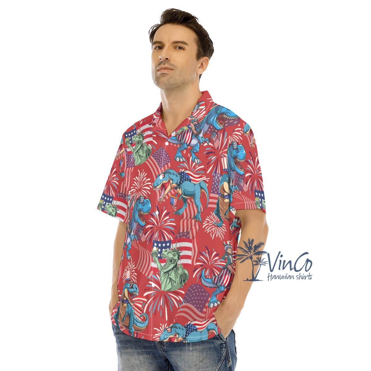Funny Dinosaur Firework 4th Of July Hawaiian Shirt - variant image 1