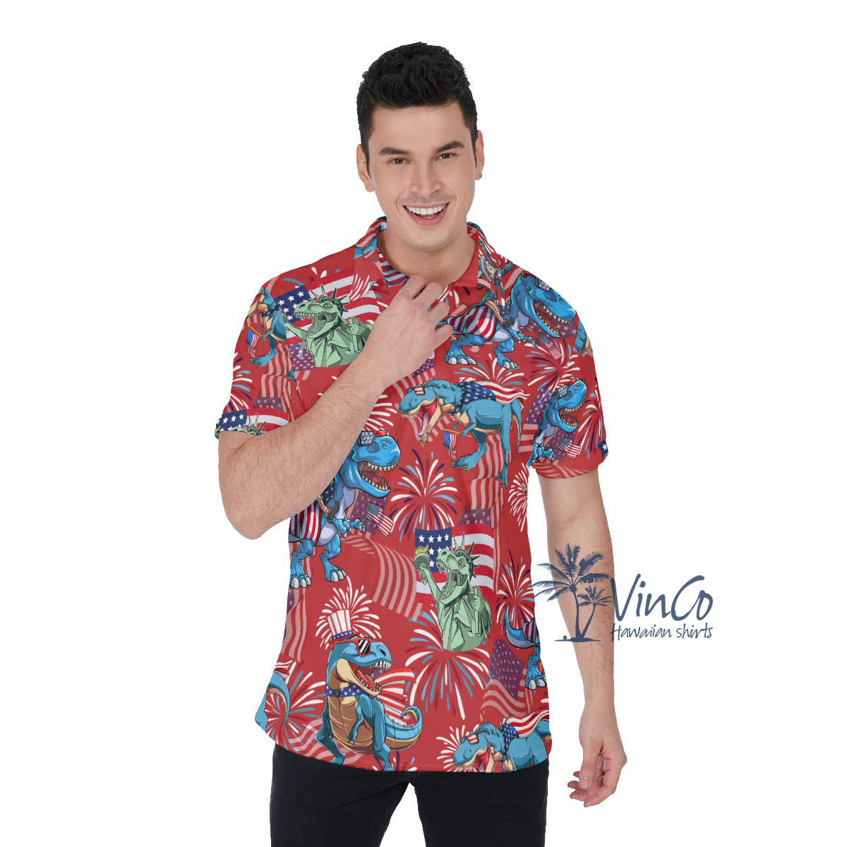 Amerisaurus Rex 4th Of July Hawaiian Polo Shirt For Men - variant image 1