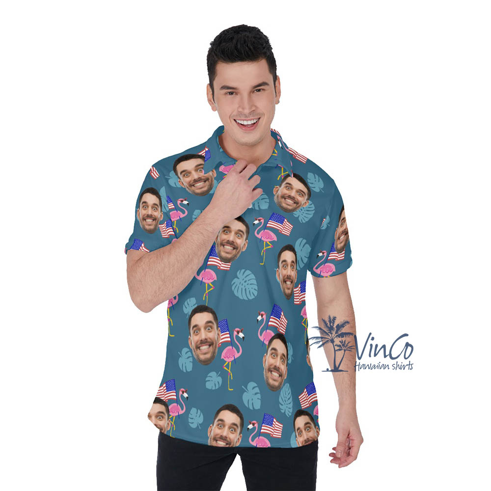 Custom Face Flamingo Independence Hawaiian Polo Shirt - variant image 1