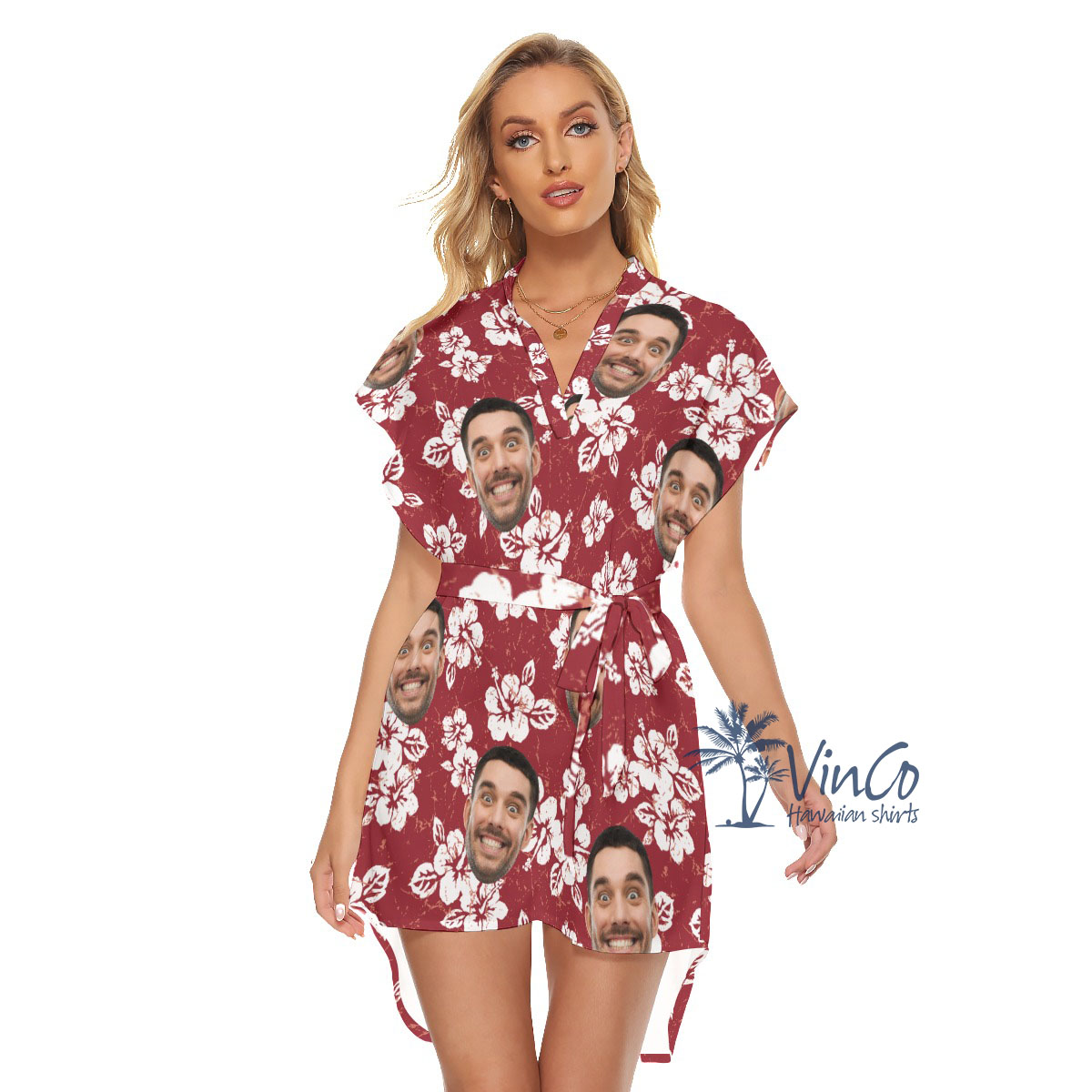 Hibiscus Red Custom Face Women's Dress With Belts - variant image 1