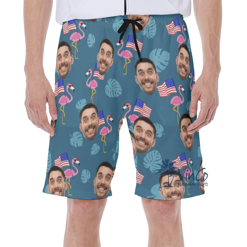 Custom Face Flamingo Patriotic Hawaiian Swim Trunks For Men - variant image 1