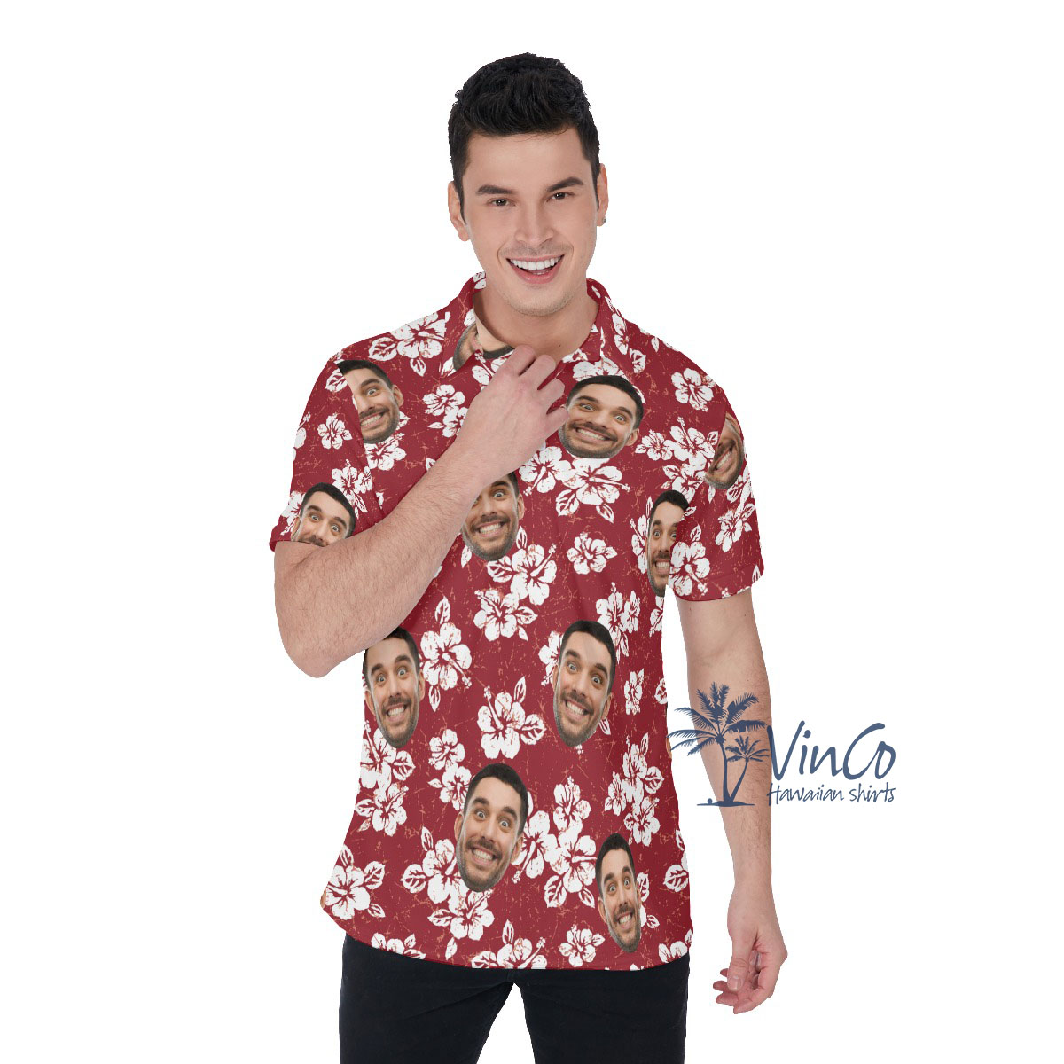Hibiscus Floral Custom Face Men's Collared Shirt With Preview - variant image 1
