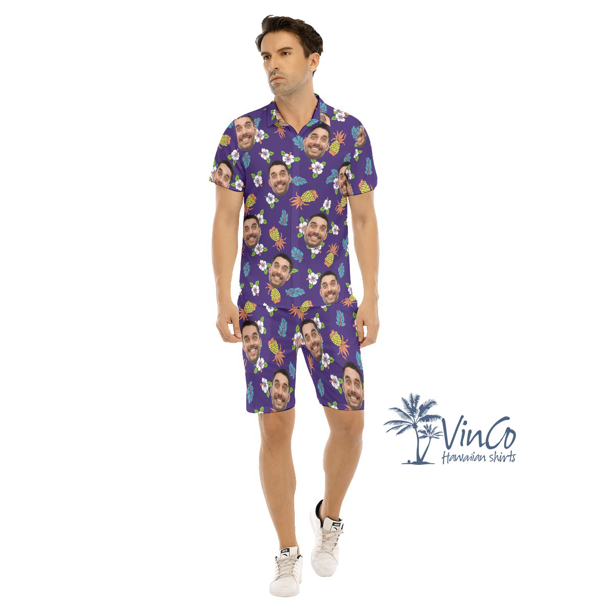 Pineapple Navy Custom Face Hawaiian Shirt And Shorts For Men - variant image 1
