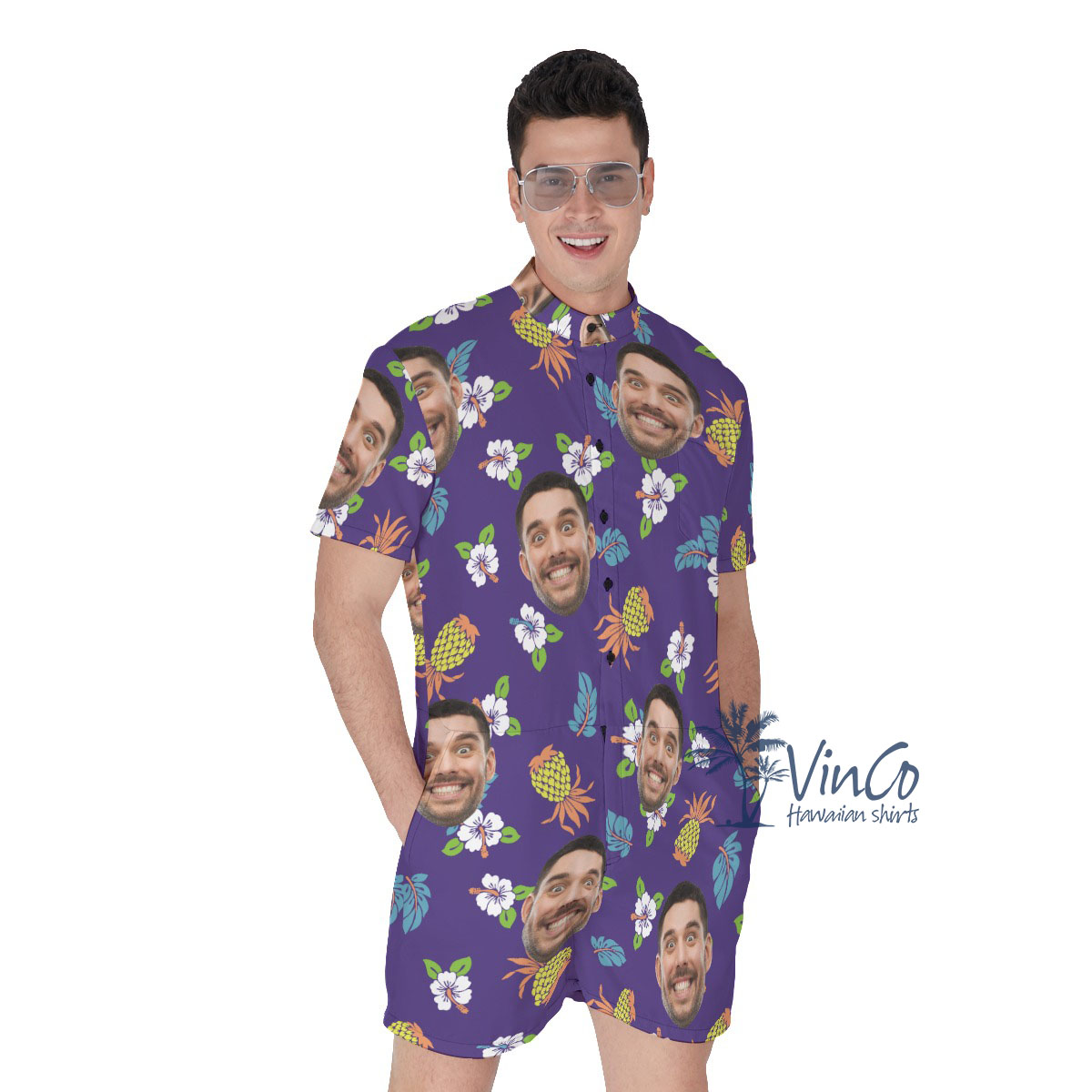 Pineapple Floral Navy Custom Men's Romper With Face - variant image 1