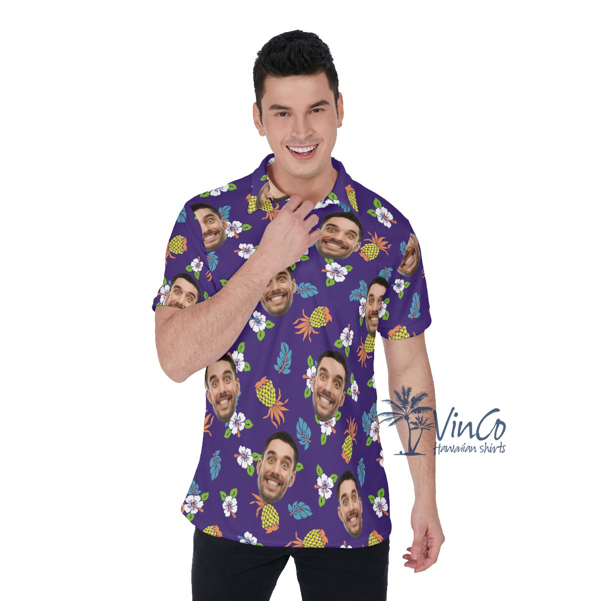 Pineapple Floral Navy Custom Men's Polo Shirt With Multiple Faces - variant image 1