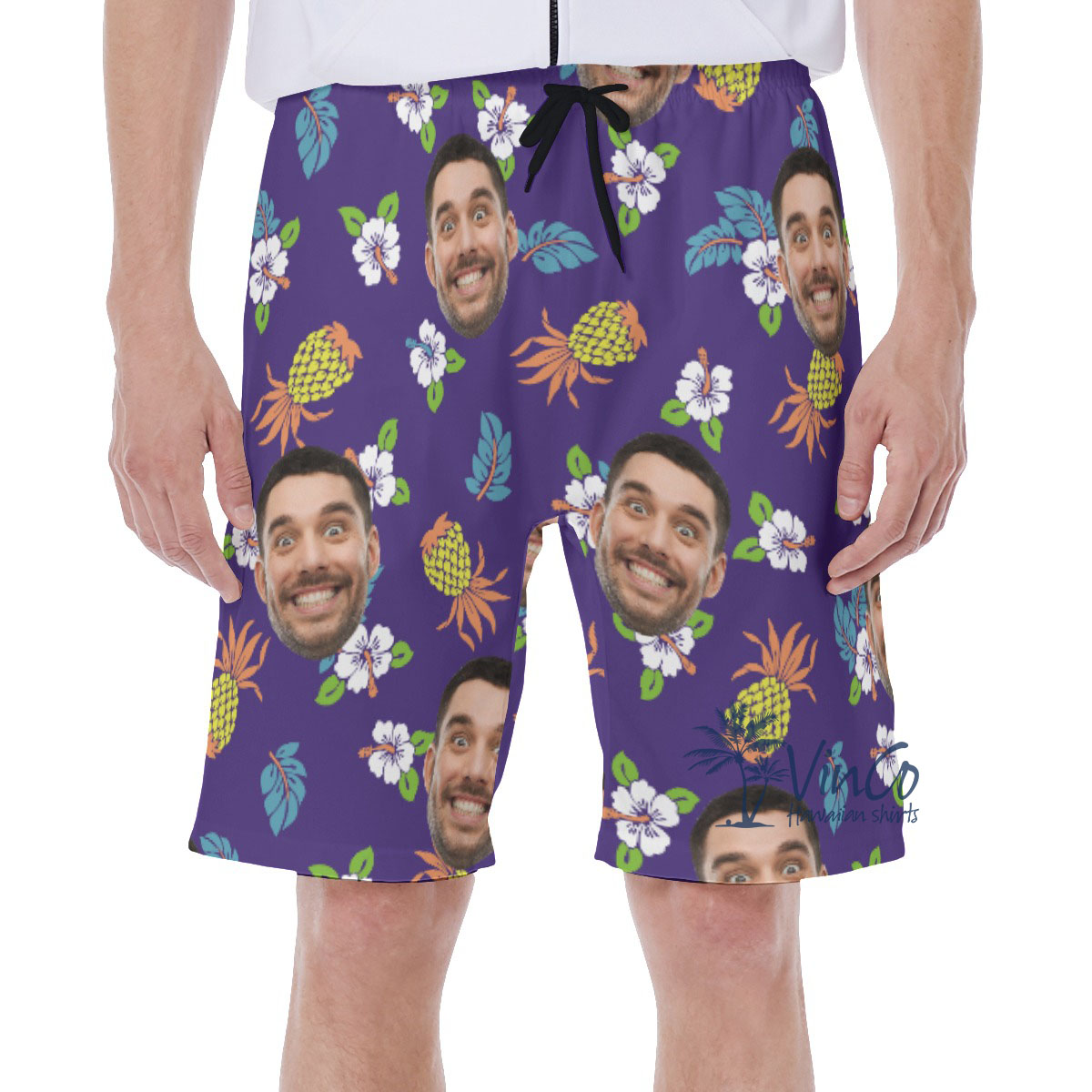 Pineapple Floral Navy Men's Swim Trunks With Custom Face - variant image 1