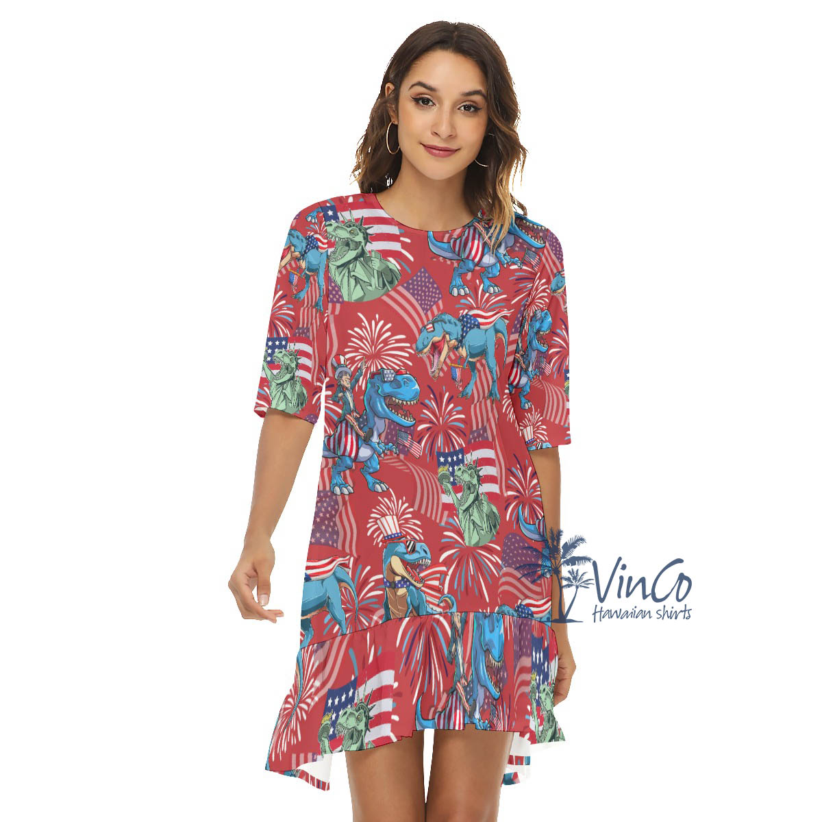Funny Dinosaur 4th Of July Red Hawaiian Half Sleeve Dress With Ruffle Hem