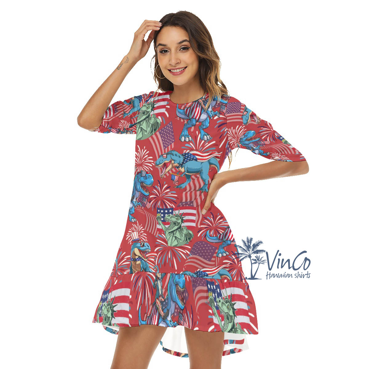 Funny Dinosaur 4th Of July Red Hawaiian Half Sleeve Dress With Ruffle Hem