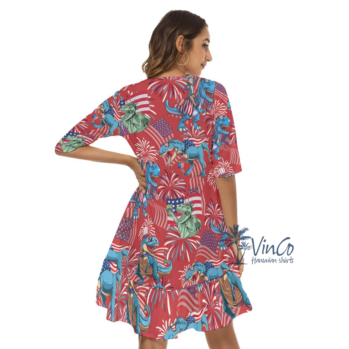 Funny Dinosaur 4th Of July Red Hawaiian Half Sleeve Dress With Ruffle Hem