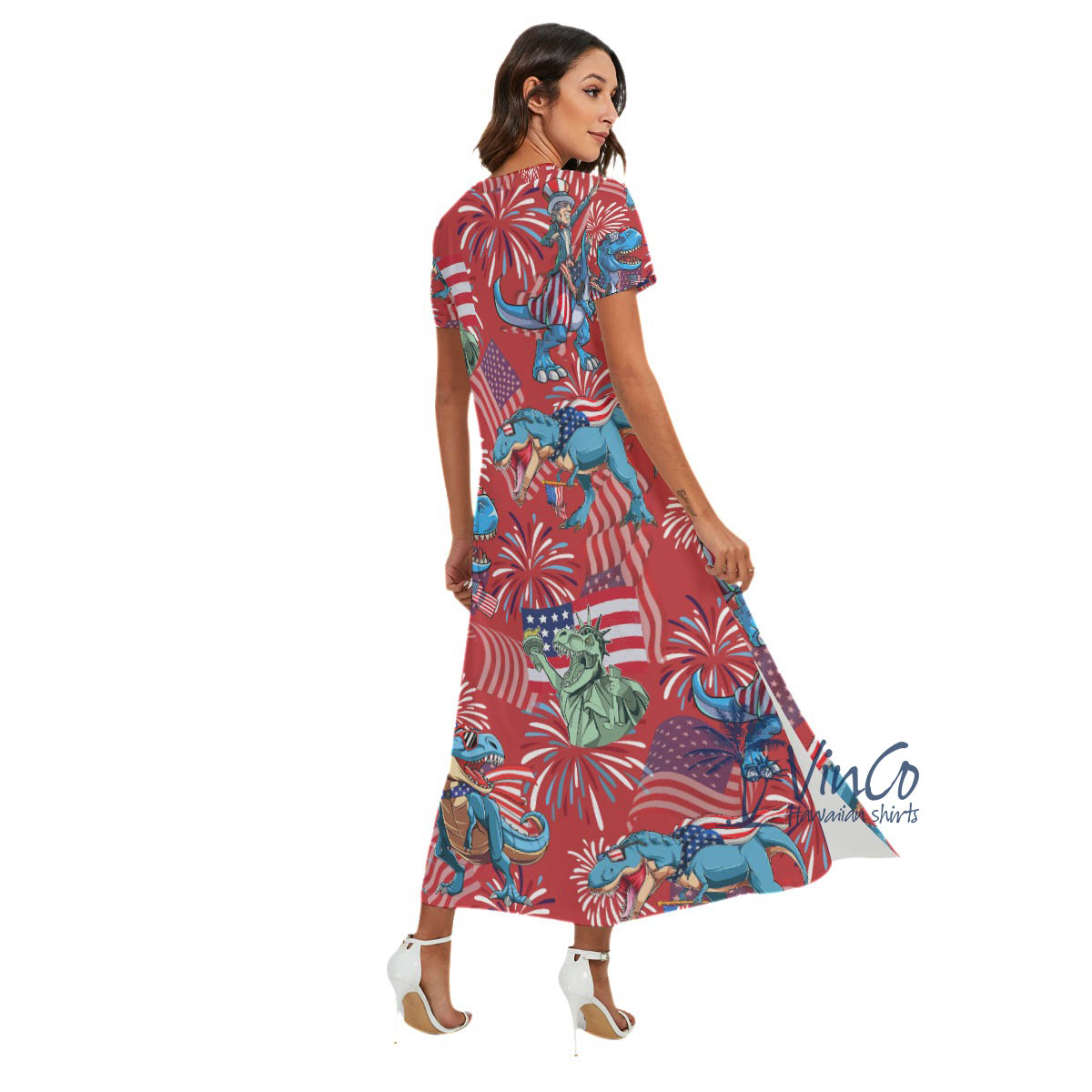 Patriotic Dinosaur Red Hawaiian V-neck Dress With Side Slit