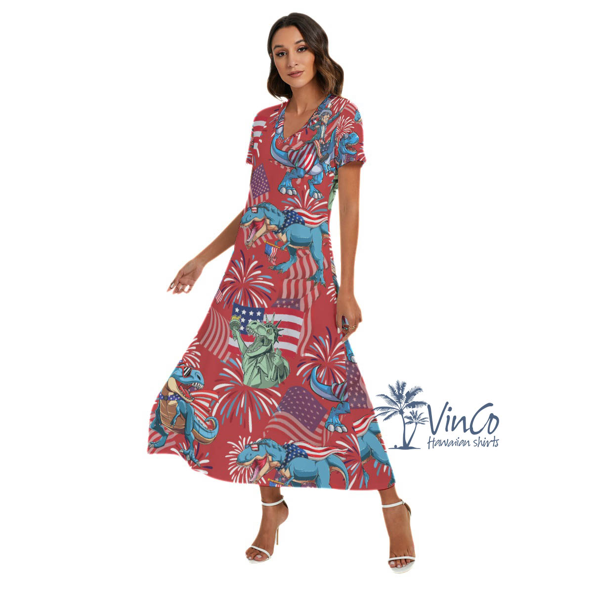 Patriotic Dinosaur Red Hawaiian V-neck Dress With Side Slit