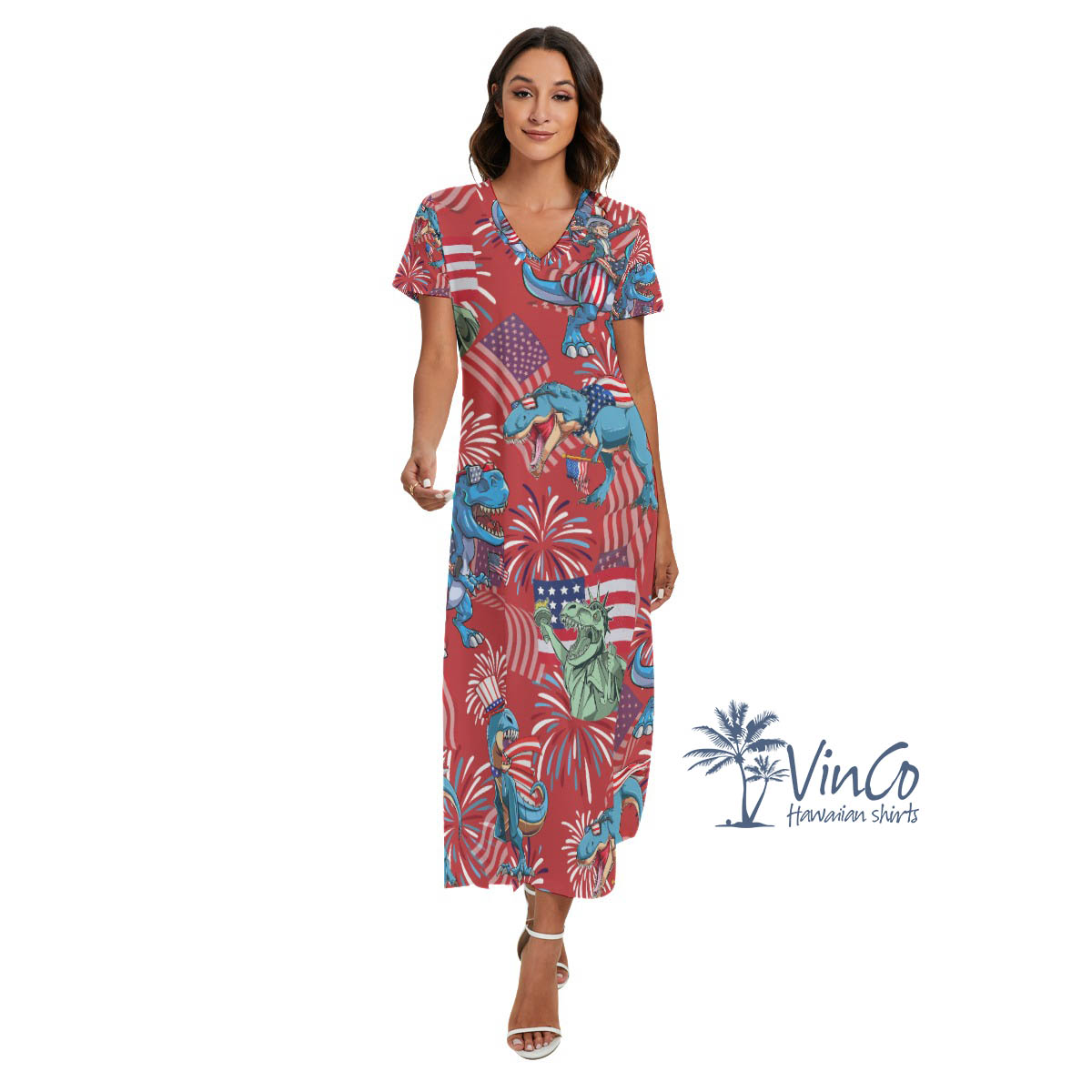 Patriotic Dinosaur Red Hawaiian V-neck Dress With Side Slit