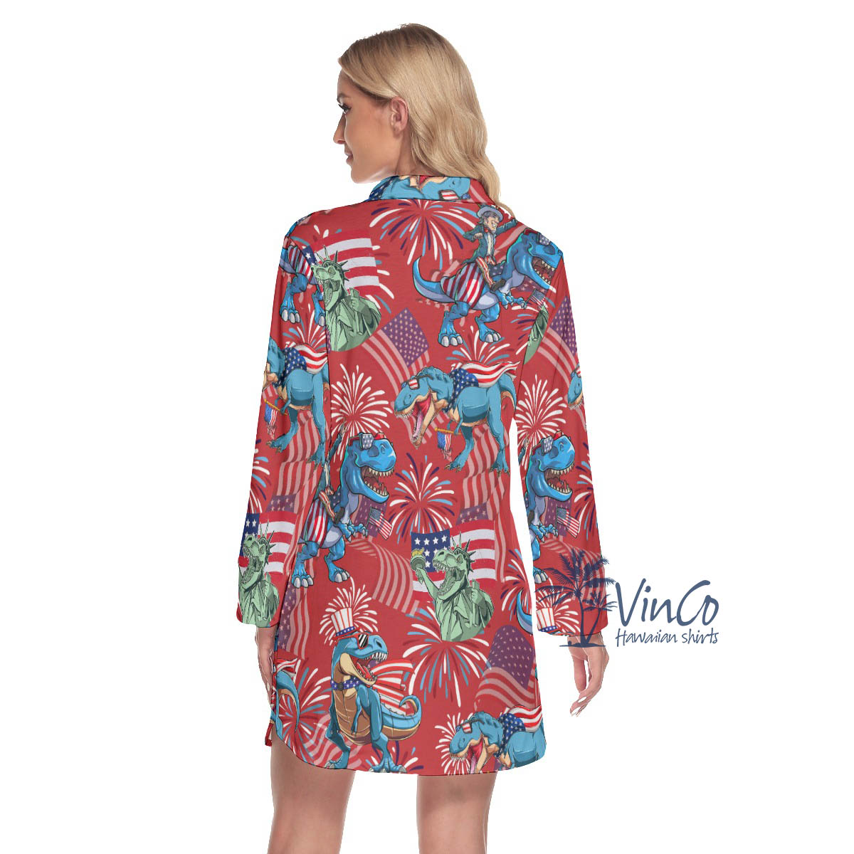 American Flag Dinosaur Red Hawaiian Shirt Dress With Long Sleeve For Women