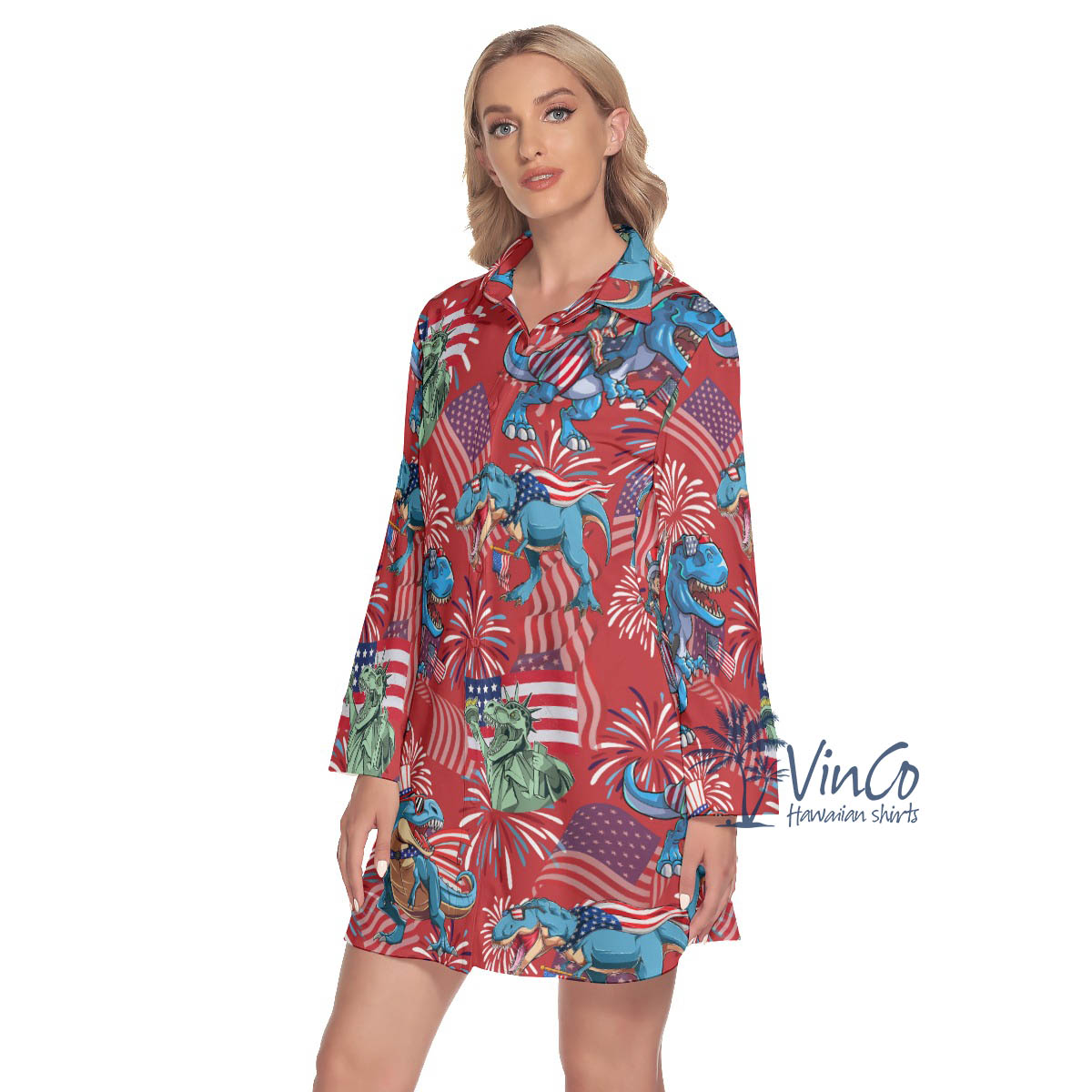 American Flag Dinosaur Red Hawaiian Shirt Dress With Long Sleeve For Women