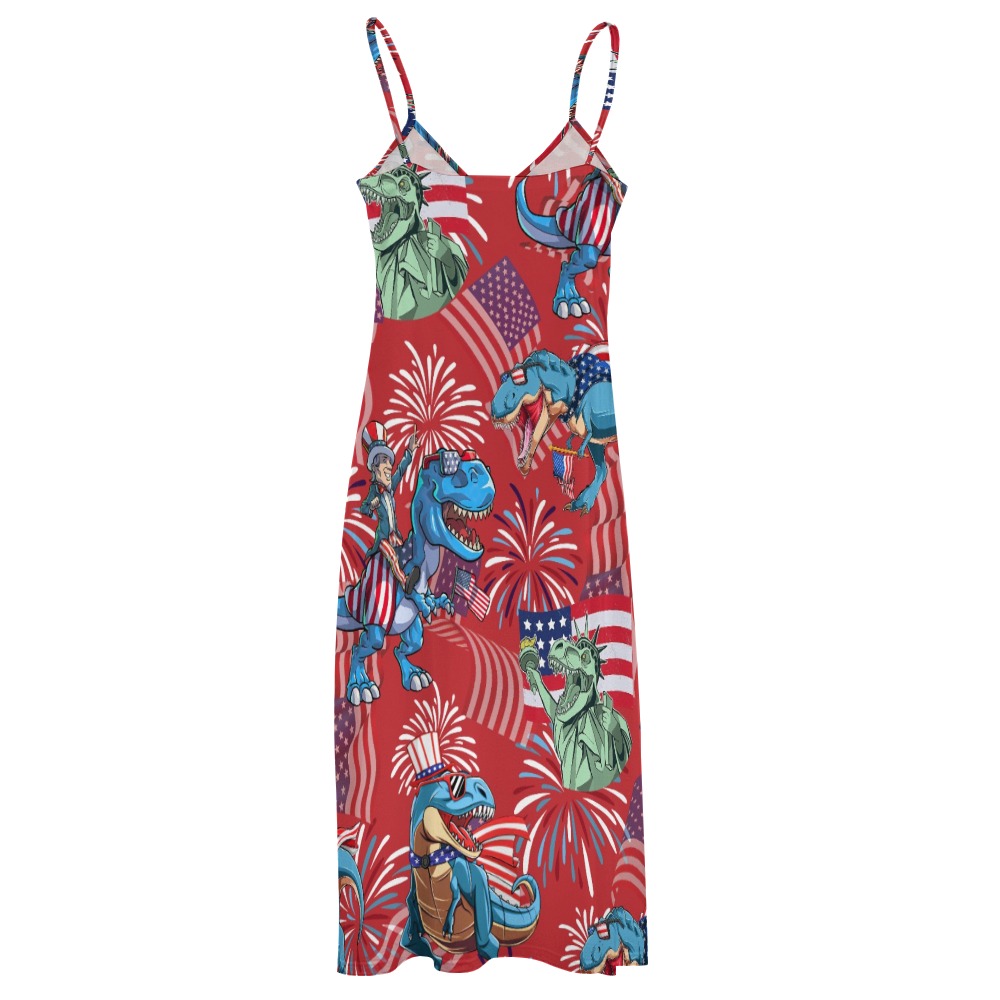 4th Of July Dinosaur Red Hawaiian Sling Ankle Long Dress