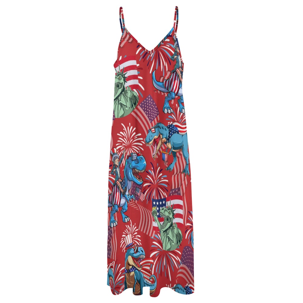 4th Of July Dinosaur Red Hawaiian Sling Ankle Long Dress