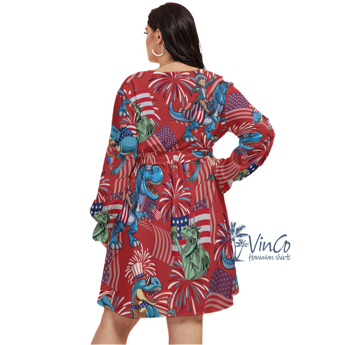 Funny Dinosaur American Flag Red Hawaiian Plus Size Dress