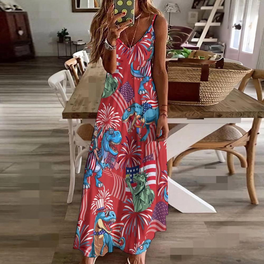 4th Of July Dinosaur Red Hawaiian Sling Ankle Long Dress