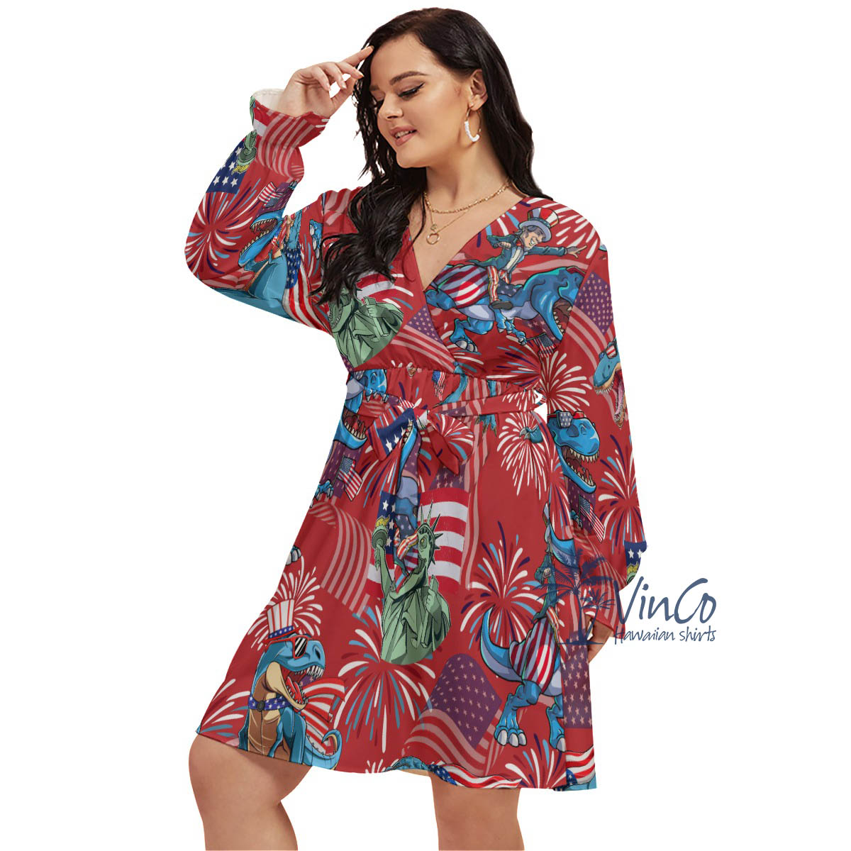 Funny Dinosaur American Flag Red Hawaiian Plus Size Dress