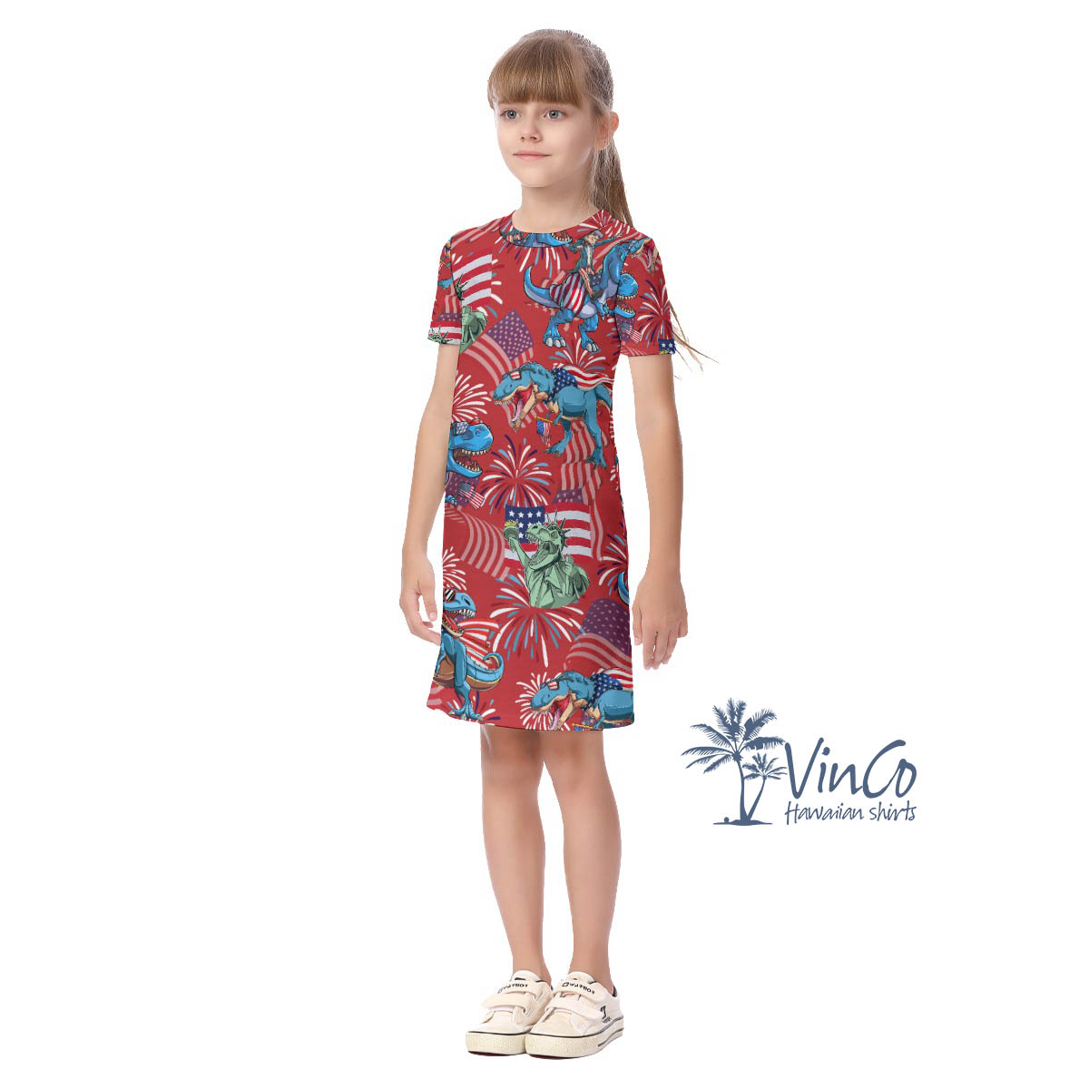 Dinosaur American Flag Firework Kid's Dresses