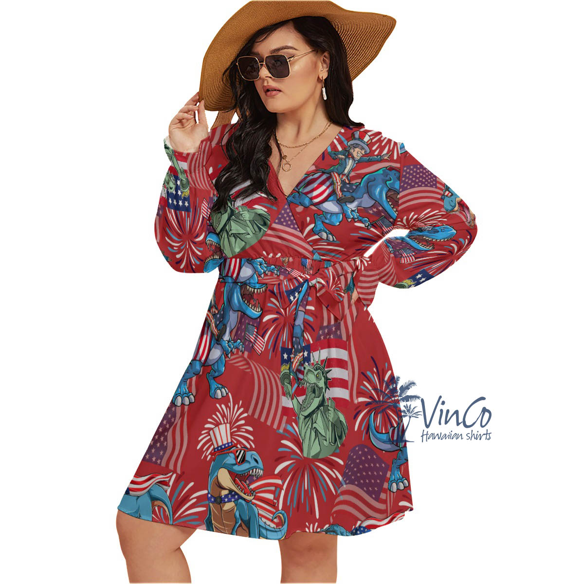 Funny Dinosaur American Flag Red Hawaiian Plus Size Dress