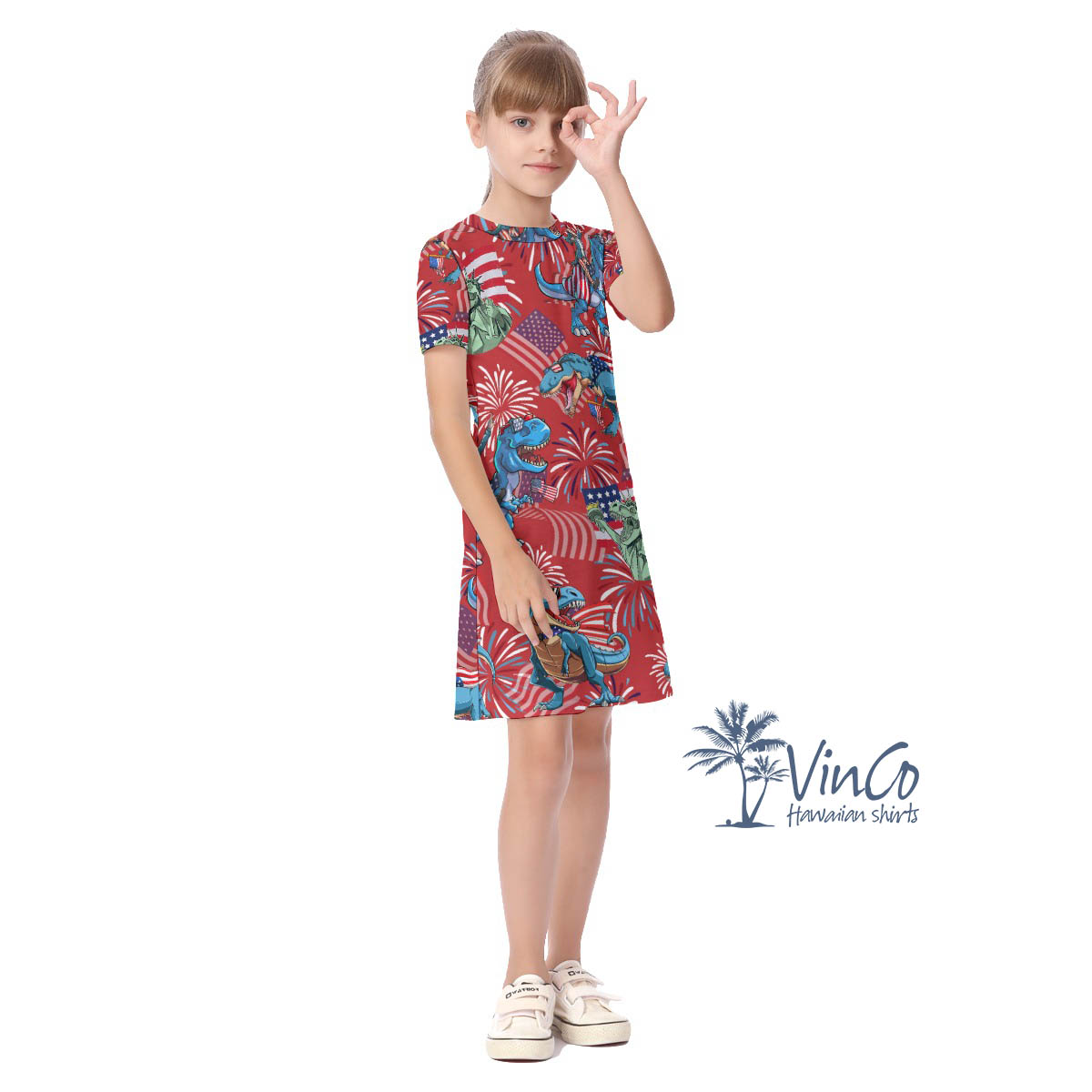 Dinosaur American Flag Firework Kid's Dresses