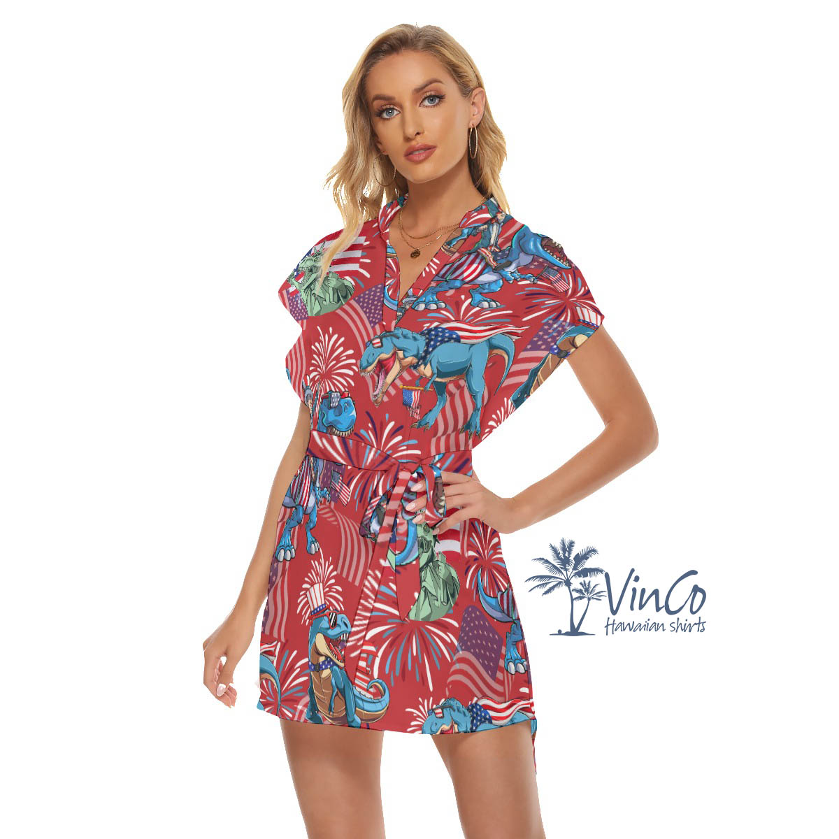 Funny Dinosaur 4th Of July Summer Hawaiian Dresses With Belt