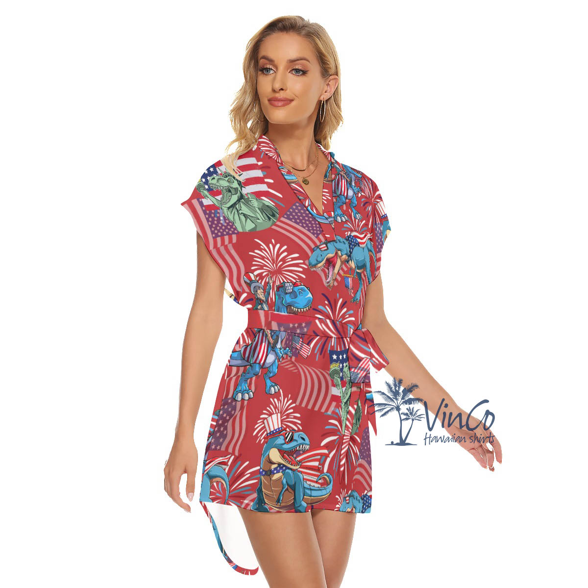 Funny Dinosaur 4th Of July Summer Hawaiian Dresses With Belt