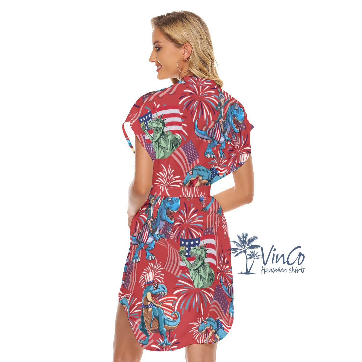 Funny Dinosaur 4th Of July Summer Hawaiian Dresses With Belt