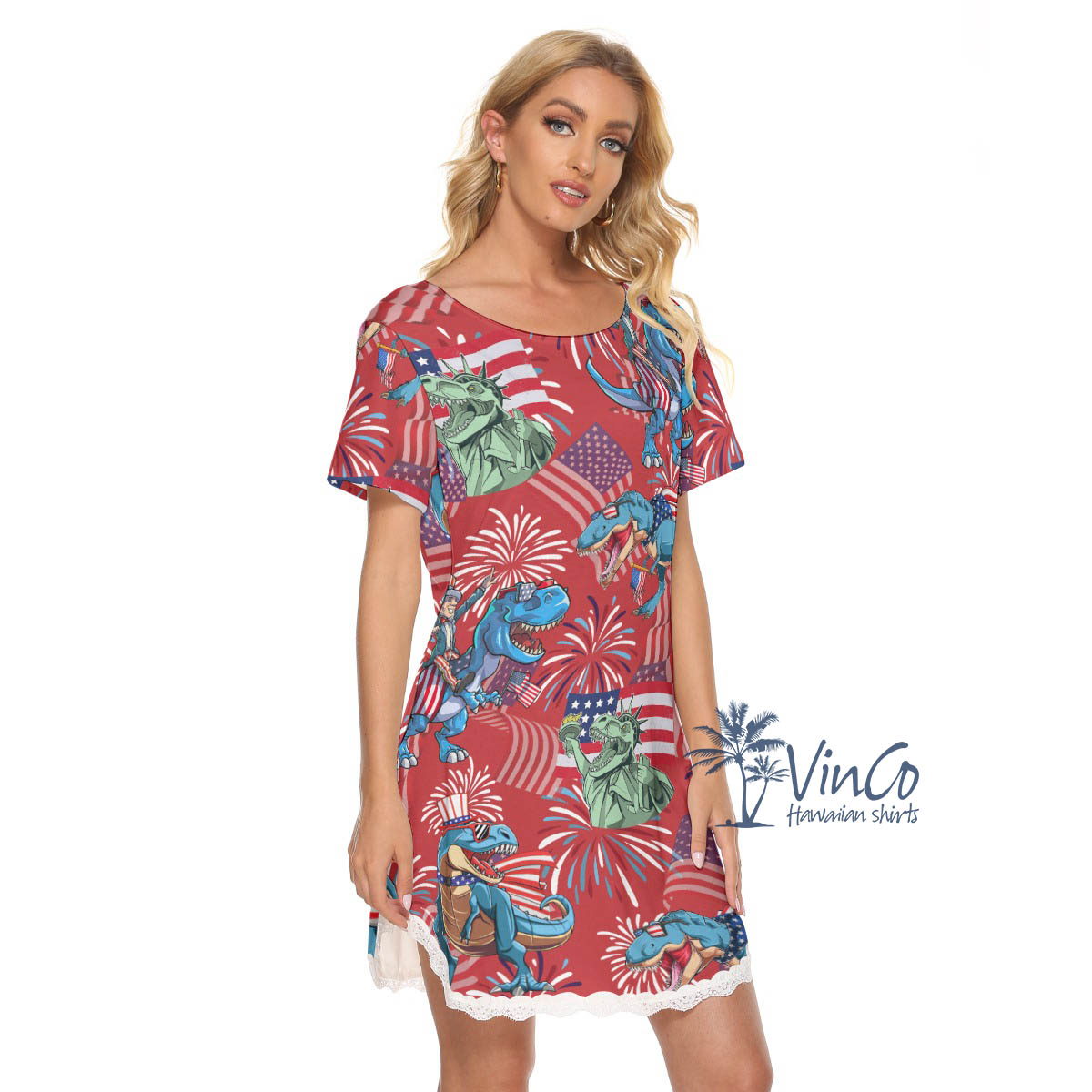 Dinosaur American Flag Women's Red Hawaiian Dresses