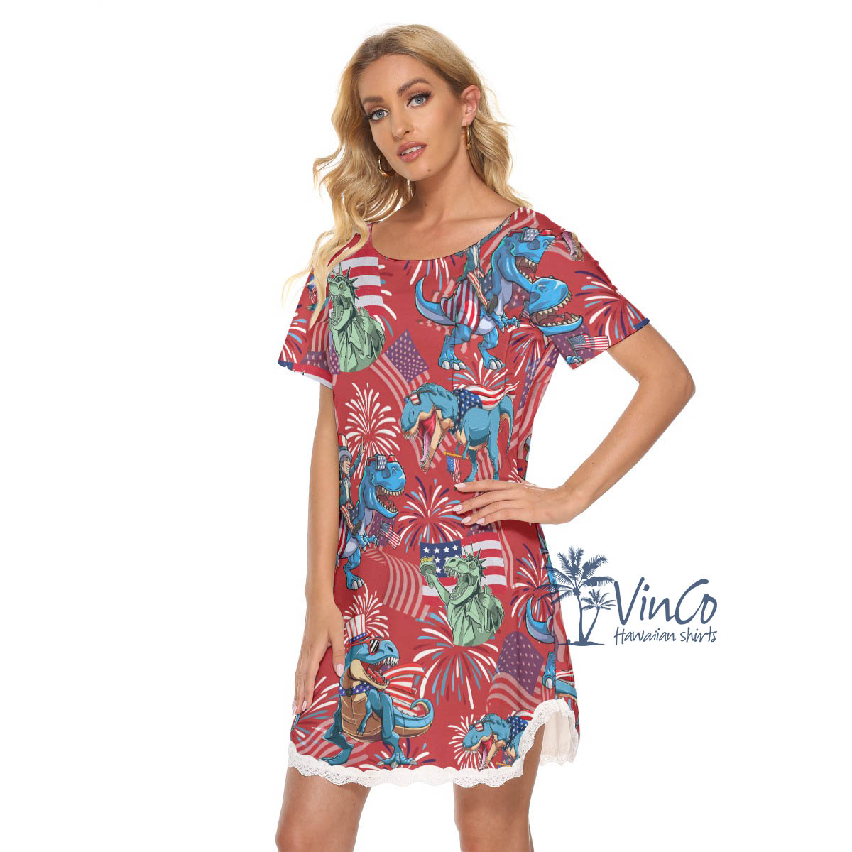 Dinosaur American Flag Women's Red Hawaiian Dresses